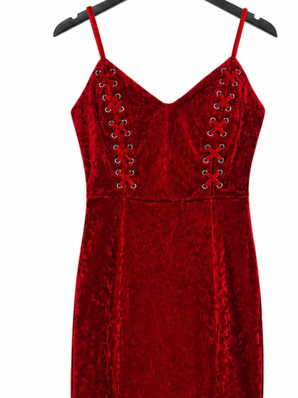 Red Velvet Spaghetti Strap Mini Dress with Crisscross Lace-Up Detail